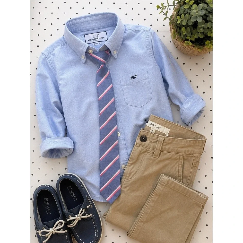 Boys Clip On Tie Blue Pink White Stripe Kids Preppy Wedding Church School
